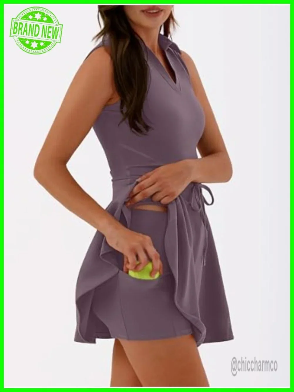 Women's 2 Piece Tennis Dress Set with Built-in Shorts, Polo Neck Sleeveless